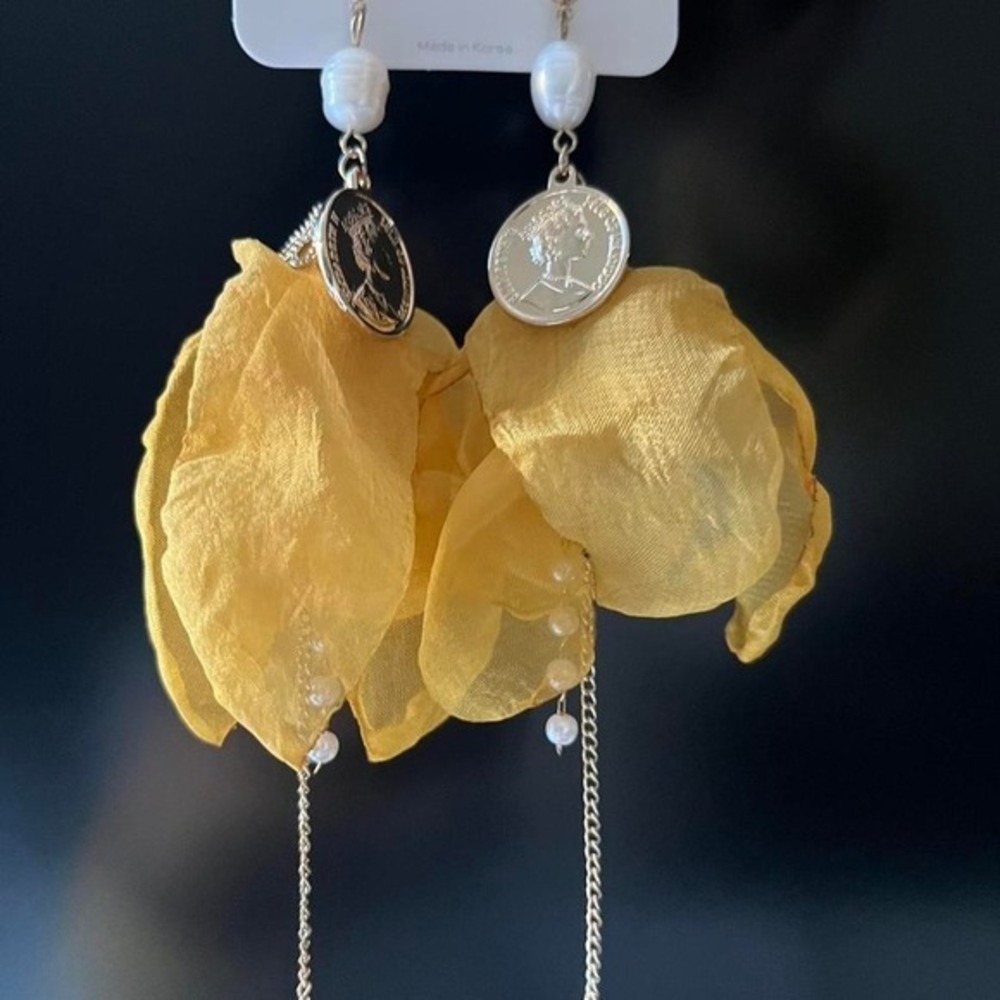 Mustard Yellow Organza Flower Coin Pearl Statement Drop Earrings Gold Tone Korea